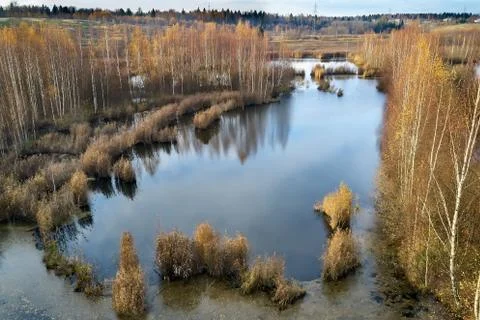 Autumn, trees sky, clouds, reflection in the water Stock Photos