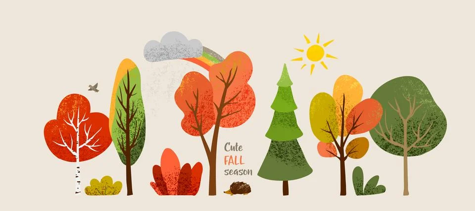 Autumn trees vector set with sun, rainbow, cute hedgehog. Seasonal forest bac Illustrazione stock