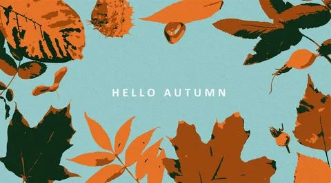 Autumn vector background. Fall leaves, rosehip berries, chestnut on blue sky Stock Illustration