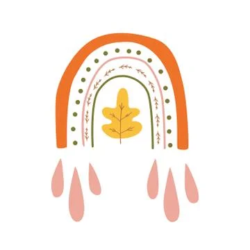 Autumn vector element. Fall oak leaf baby rainbow drops of rain. Cute fall Stock Illustration