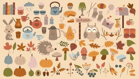 Autumn vector elements set. Leaves, pumpkins, hedgehog, tea, coffee, books, l Stock Illustration