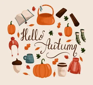 Autumn vector elements set. Leaves, pumpkins, fall clothes, umbrella, hedgehog 스톡 일러스트