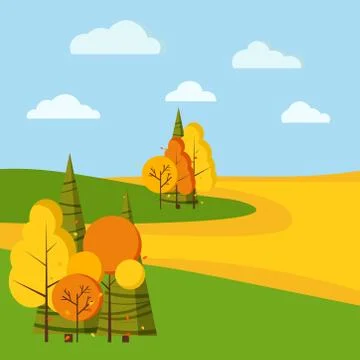 Autumn vector flat rural landscape background with yellow and orange trees, s Illustrazione stock