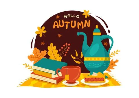 Autumn Vector Illustration Panoramic of Mountains and Maple Trees Fallen wi.. Illustrazione stock
