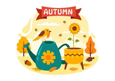 Autumn Vector Illustration Panoramic of Mountains and Maple Trees Fallen wi.. Illustrazione stock