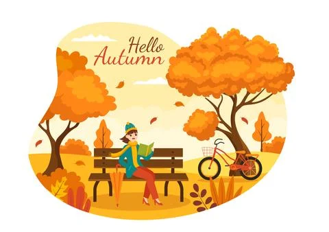 Autumn Vector Illustration Panoramic of Mountains and Maple Trees Fallen wi.. Illustrazione stock