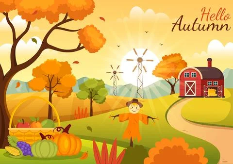Autumn Vector Illustration Panoramic of Mountains and Maple Trees Fallen wi.. 스톡 일러스트