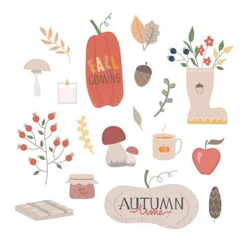 Autumn vector illustration set. Fall phrases with cute and cozy design elements Stock Illustration