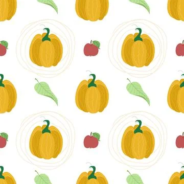 Autumn vector pattern with pumpkin, falling leaves and apples. Autumn print for Illustrazione stock