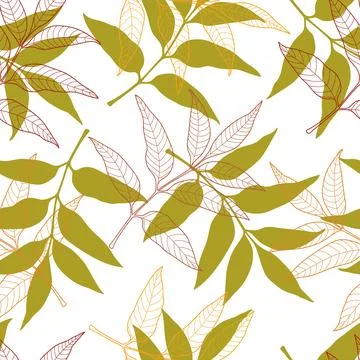 Autumn vector seamless pattern with bright color leaf outlines and silhouettes. Illustrazione stock