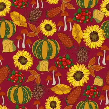 Autumn vector seamless pattern design, red background Stock Illustration
