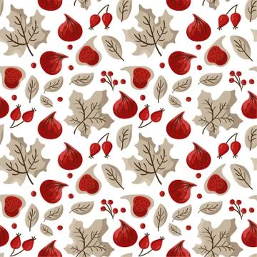 Autumn vector seamless pattern of fruits figs, berries, and maple leaves Stock Illustration