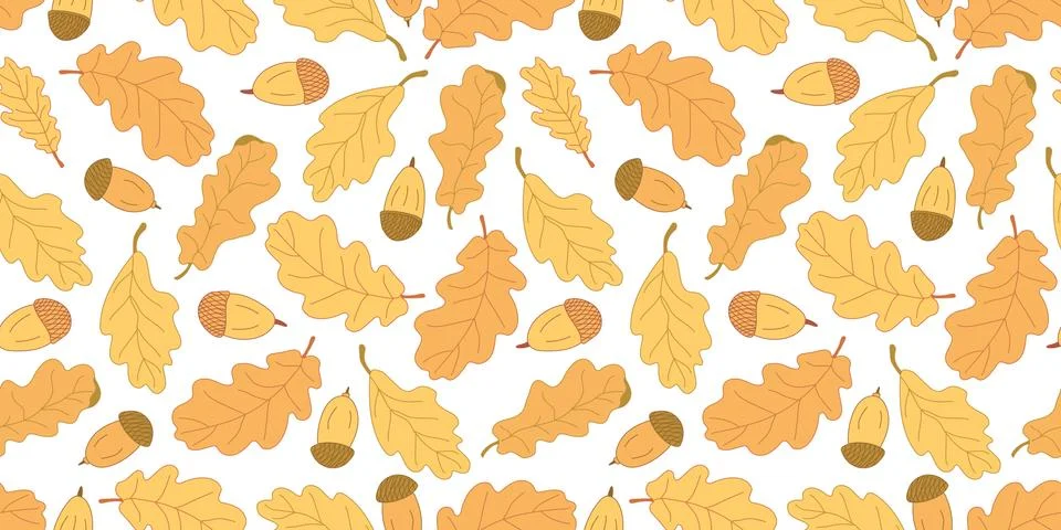 Autumn vector seamless pattern with oak leaves and acorns on white. Stock Illustration