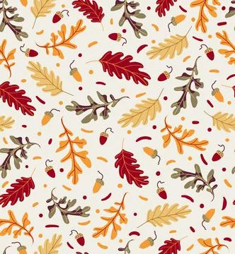 Autumn vector seamless pattern with orange, red, green oak leaves and acorn. イラスト素材