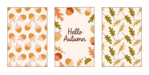 Autumn Vector Set with Acorns and Oak Leaves in Warm Minimalist Style Stock Illustration