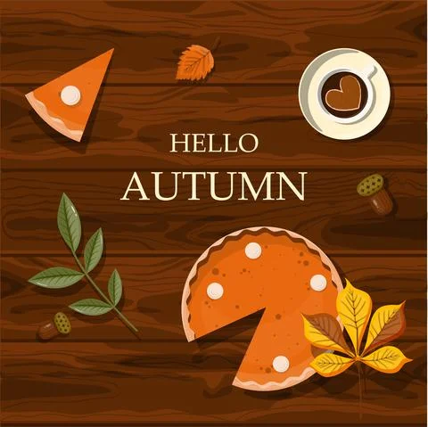 Autumn vector still life. pumpkin pie and coffee on a wooden background. Top Stock Illustration
