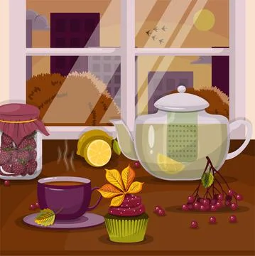 Autumn vector still life. A teapot, a cup and a cupcake on the windowsill with 库存插图