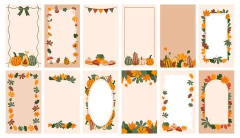 Autumn vertical frame set with pumpkins leaves mushrooms and pie templates fo Stock Illustration