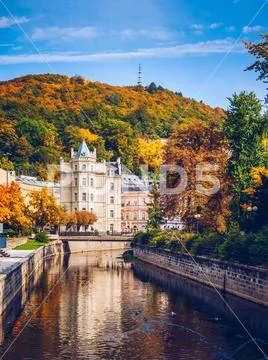 Autumn view of old town of Karlovy Vary (Carlsbad), Czech Republic, Europe Stock Photos