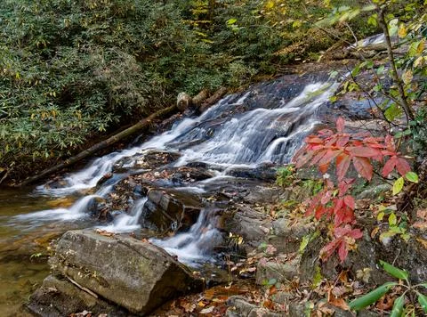 Autumn view of small waterfall deep in the mountains. Stock-Fotos