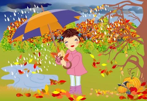 Autumn walk in the rain Stock Illustration