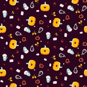 Autumn warm seamless vector pattern with pumpkins and coffee drinks. Illustrazione stock
