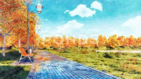 Autumn watercolor landscape with empty park alley Stock Illustration
