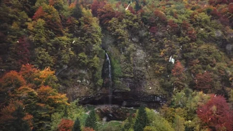 Autumn Waterfall in Forest Transitioning to Winter Snowfall Video stock 330281160