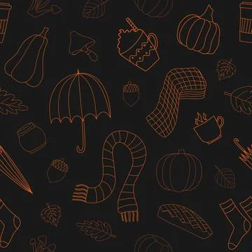 Autumn weather vector seamless pattern lineart style. Illustrazione stock