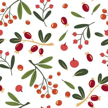 Autumn wild berries seamless pattern. Background with rowan and rosehip berri Stock Illustration