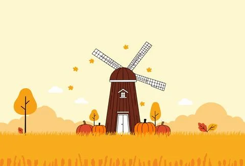 Autumn Windmill Scene with Pumpkins Stock Illustration