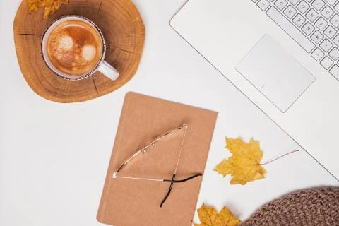 Autumn workspace composition, top view Stock Photos