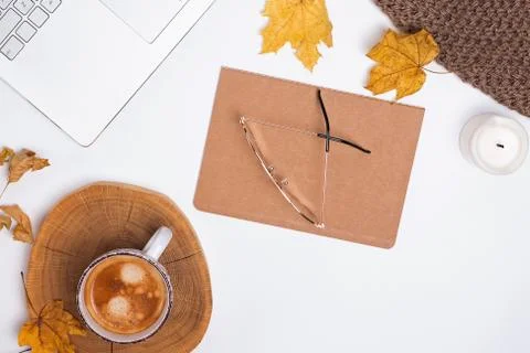 Autumn workspace composition, top view Stock Photos