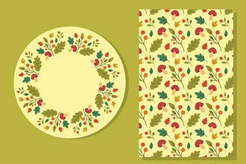Autumn wreath and seamless pattern with mushrooms leaves and berries in fla.. Stock Illustration
