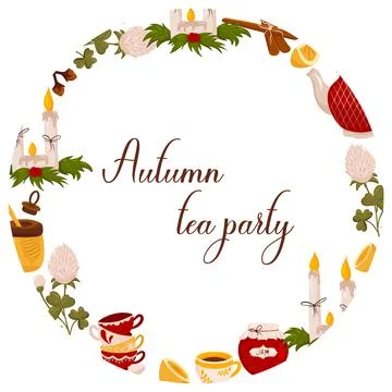 Autumn wreath with elements for tea party, Christmas candles, honey and lemon 스톡 일러스트