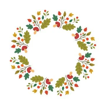 Autumn wreath with mushrooms berries and colorful leaves in flat cartoon st.. Stock Illustration