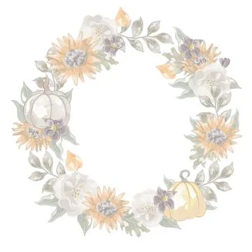 Autumn wreath round banner vector watercolor autumn plants pumpkin flowers Stock Illustration