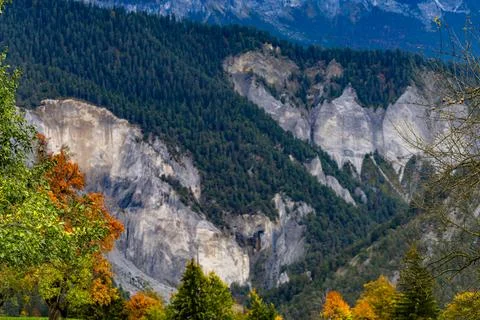 Autumnal colored leaf view onto canyon Stock Photos