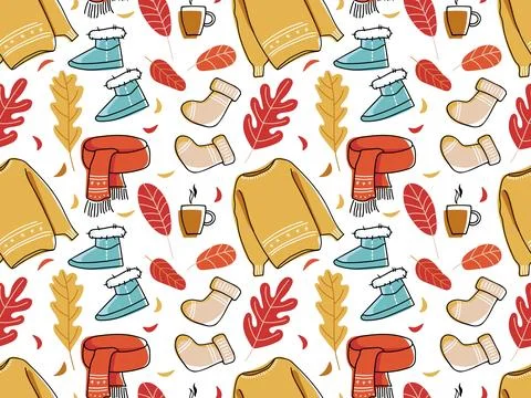 Autumnal element seamless pattern. Falling leaves, warm clothes, hot drinks 스톡 일러스트