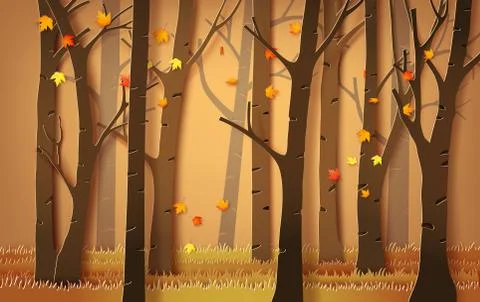 Autumnal forest with falling maple leaves. Stock Illustration
