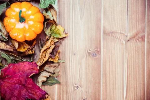Autumnal leaf pattern on desk Stock Photos