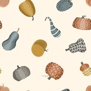 Autumnal seamless pattern with doodle hand drawn pumpkins. Vector background. Stock Illustration