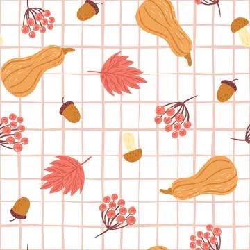 Autumnal seamless pattern on grid pink white background. Random template with Stock Illustration