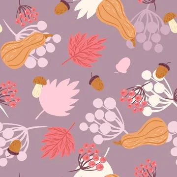 Autumnal seamless pattern on violet background. Random template with maple le Stock Illustration