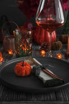 Autumnal table setting preparing for Thanksgiving dinner Stock Photos