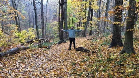 Autumn/Fall Leaves Float Down Around Man with Outstretched Arms Enjoying Nature Stock Footage 98416344