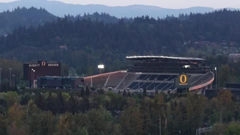 Autzen Stadium with Mighty O Oregon signage and Ducks logo visible, stadium Stock Footage 336503873
