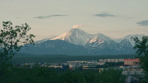 Avachinsky volcano in the snow at sunset Stock Footage 163564343