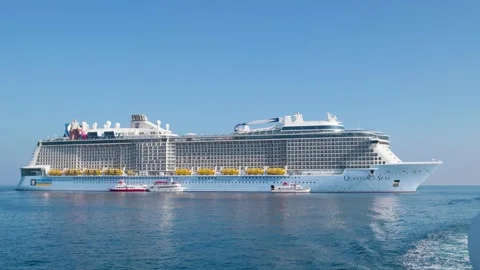 Avalon, CA, USA. December 03, 2025: Cruise ship is seen from a tender boat Stock Footage 323568672