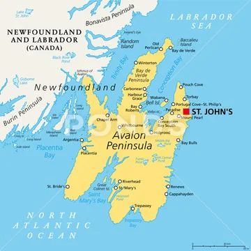 Avalon Peninsula, political map, a portion of island of Newfoundland ...